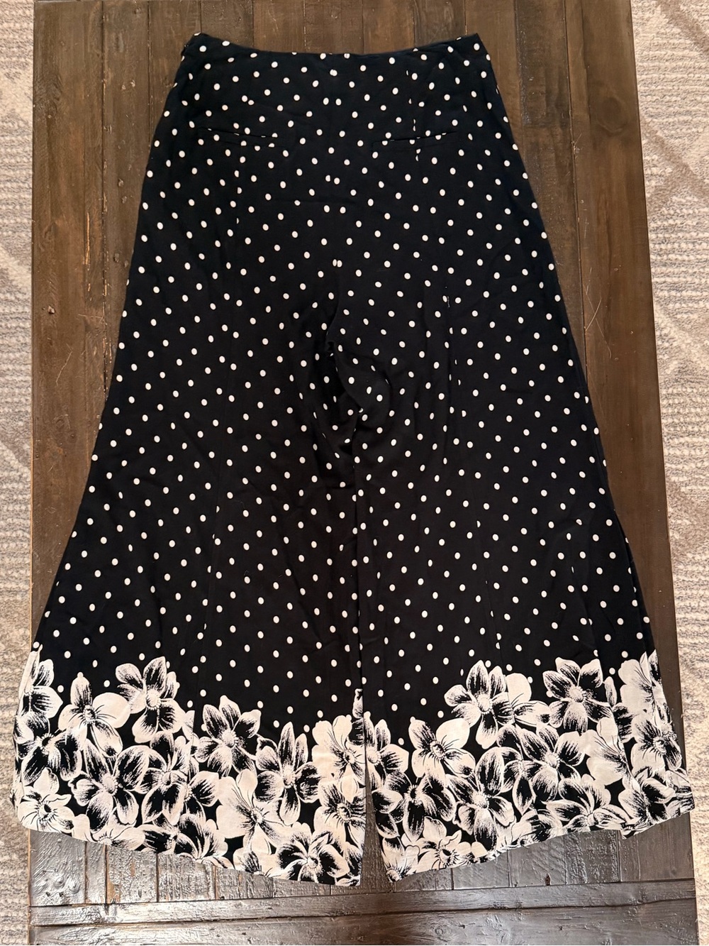 Anthropologie Black Polka Dot Wide-Leg Pants with Cream Floral Border - Picture 7 of 10